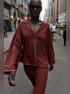 ZARA 2 PIECES SET CONTRAST TOPSTITCHING SHIRT WITH WIDE-LEG PANTS SIZE S